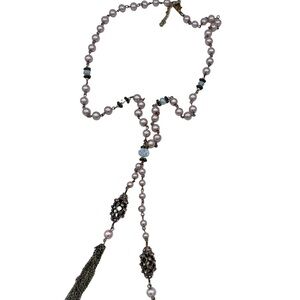 Very long faux Pearl pink necklace with tassels bronze aged gold motifs